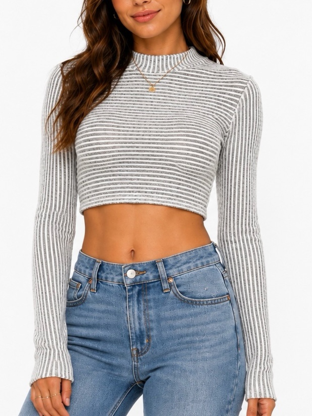 Gray & White Ribbed Striped Cropped Top